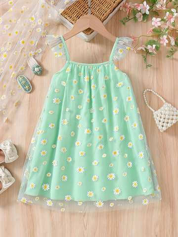 Girls Sweet Daisy Print Tulle Sling Dress Mint Green Mesh Layered Princess Party Dress For Kids Summer Vacation Outfit