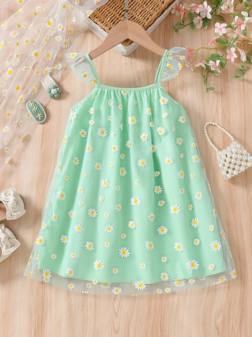 Girls Sweet Daisy Print Tulle Sling Dress Mint Green Mesh Layered Princess Party Dress For Kids Summer Vacation Outfit