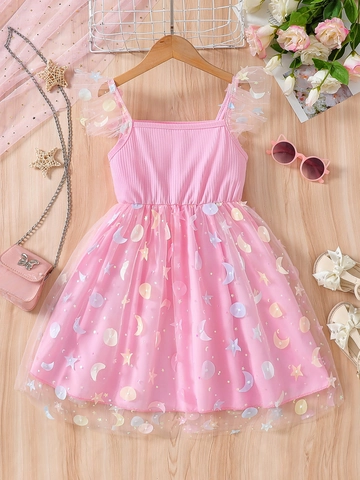 Girls Pink Princess Dress Mesh Sequin Moon Star Pattern Summer Short Sleeve Cotton Blend Casual Party Sweet Dress For Kids