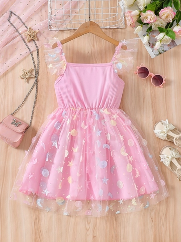 Girls Pink Princess Dress Mesh Sequin Moon Star Pattern Summer Short Sleeve Cotton Blend Casual Party Sweet Dress For Kids