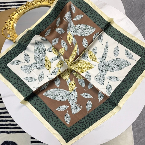 Elegante Foulard Quadrato In Satin Stampa Floreale Uccello Bordo Leopardato Vintage Bandana Capelli Per Donna