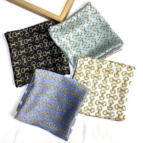 Square Scarf Faux Satin Neckerchief Chain Print Elegant Hair Band Handbag Accessory Women