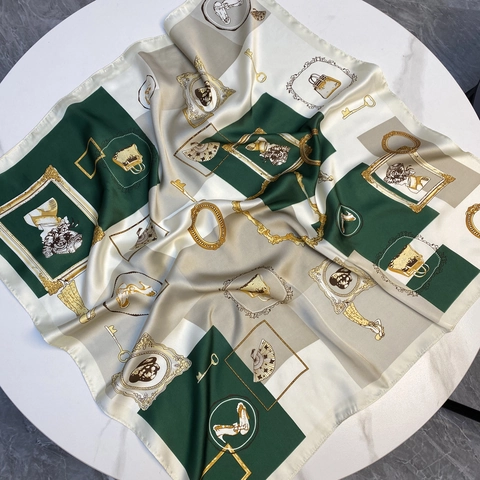 Vintage Europäischer Druck Satin Quadratischer Schal Eleganter Schlüssel Kette Muster Haar Bandana Halstuch Für Damen
