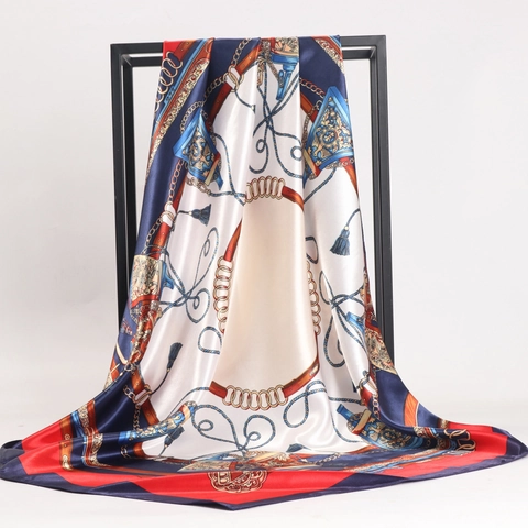 Grande Sciarpa Quadrata Con Stampa Equestre Effetto Raso Satinata Motivo A Catena Retrò Bandana Per Donna
