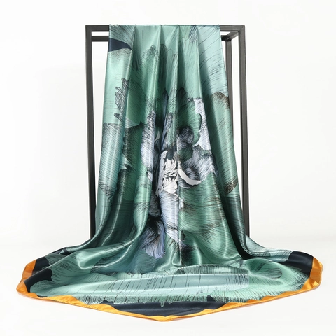 Large Square Scarf Floral Print Satin Polyester Satin-Like Smooth Soft Elegant Fashion Scarf For Women