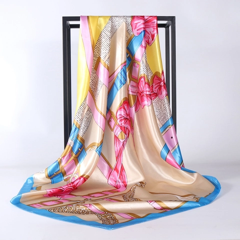 Grand Foulard Carré Satin Aspect Satin Polyester Imprimé Chaîne Style Équestre Mode Foulard Pour Femmes