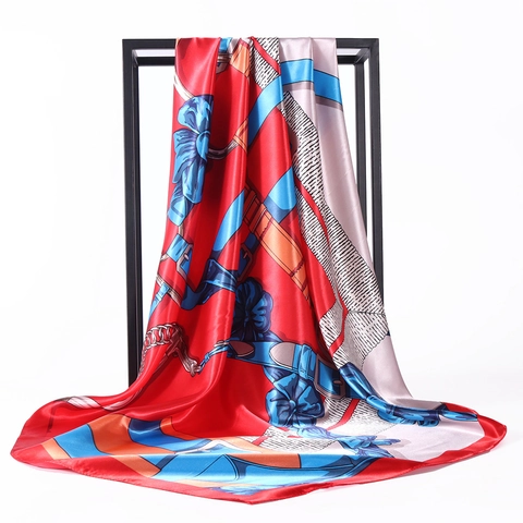 Grand Foulard Carré Satin Aspect Satin Polyester Imprimé Chaîne Style Équestre Mode Foulard Pour Femmes