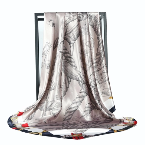 Large Square Scarf Satin Faux Satin Equestrian Chain Print Neck Tie Head Wrap Elegant Vintage Style For Women
