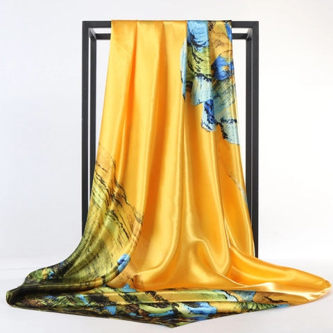 Women Large Satin Square Scarf Vintage Chinese Landscape Painting Printed Silky Hair Headwear Neck Shawl Fashion Accessories