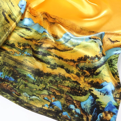 Women Large Satin Square Scarf Vintage Chinese Landscape Painting Printed Silky Hair Headwear Neck Shawl Fashion Accessories