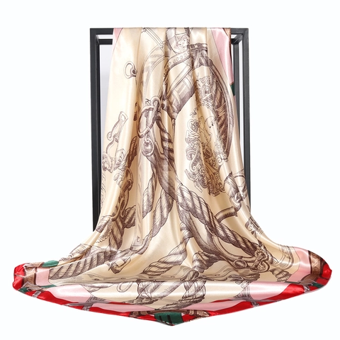 Large Square Scarf Satin Faux Satin Equestrian Chain Print Neck Tie Head Wrap Elegant Vintage Style For Women