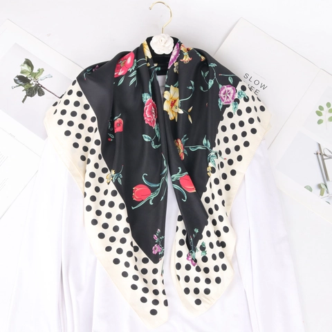 Floraler Print Quadratischer Schal Damen Twill Satin Elegant Gepunkteter Rand Sonnenschutz Modische Tücher