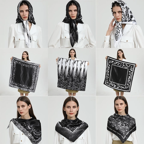 Large Square Scarf Black White Print Satin Imitation Satin Elegant Geometric Paisley Retro Fashion Head Wrap Women