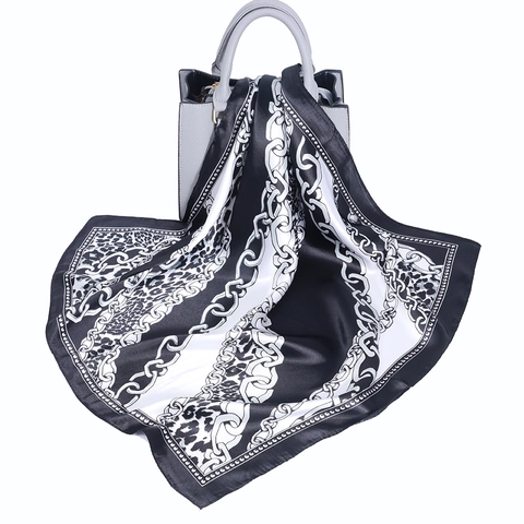 Elegant Square Scarf Leopard Chain Print Satin Polyester Headscarf For Women Neck Hair Bag Accessory Retro