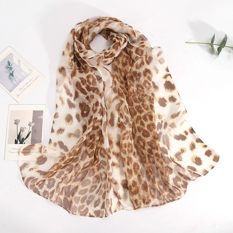 Foulard Long Pour Femme Imprimé Léopard Léger Georgette À La Mode Mince Été Protection Solaire Châle