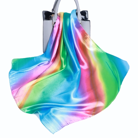 Satin Square Scarf Rainbow Gradient Satin Like Headscarf For Performance Dance Bag Accessory Elegant Colorful Neck Wrap