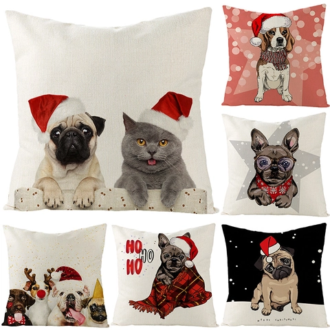 Kerst Kussensloop Linnen Look Polyester Sierkussen Met Cartoon Hond Kat Print Voor Sofa Huisdecoratie Vakantie