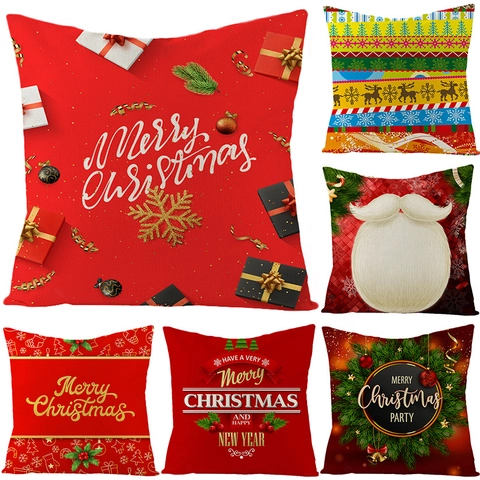 Festive Christmas Pillow Case Polyester Linen Texture Holiday Reindeer Santa Snowflake Print Sofa Decor Cushion Cover