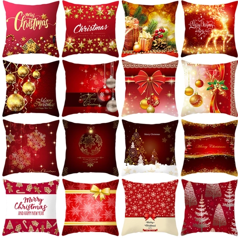 Taie d'Oreiller de Noël Velours Peau de Pêche Housse de Coussin Rouge Or Renne Flocon de Neige Décoration Maison