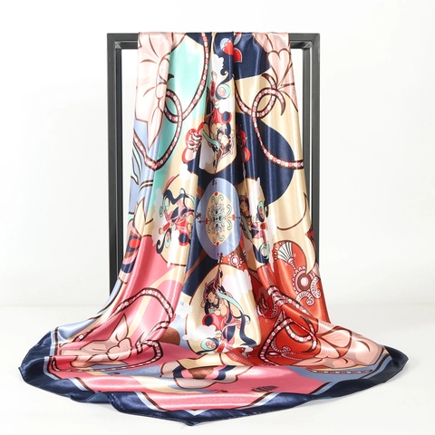Oriental Art Print Square Scarf Satin Polyester Satiny Hair Wrap Ethnic Style Headscarf