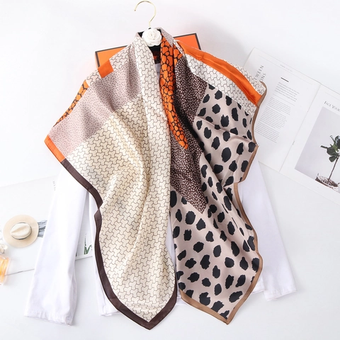 Leopard Print Splicing Large Square Scarf Hijab Satin Feel Satin Polyester Bawal Head Wrap For Women Fashion Accessories