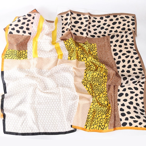 Leopard Print Splicing Large Square Scarf Hijab Satin Feel Satin Polyester Bawal Head Wrap For Women Fashion Accessories