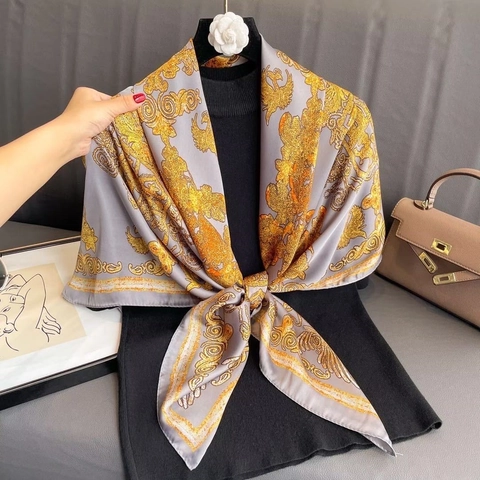 Barock Print Quadratischer Schal Luxus Satin Polyester Hidschab Eleganter Vintage Kopftuch Für Damen