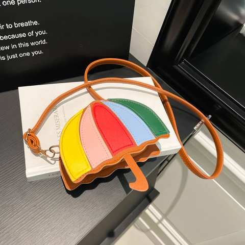 Creative Umbrella Shape Mini Crossbody Bag For Women Kids PU Leather Color Block Patchwork Small Shoulder Bag Zipper Purse