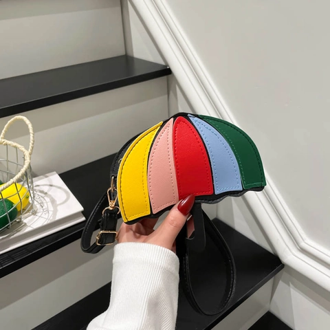 Creative Umbrella Shape Mini Crossbody Bag For Women Kids PU Leather Color Block Patchwork Small Shoulder Bag Zipper Purse