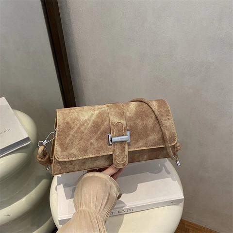French Minimalist Solid Color PU Suede Texture Shoulder Underarm Bag For Women Large Capacity H Buckle Baguette Crossbody Bag
