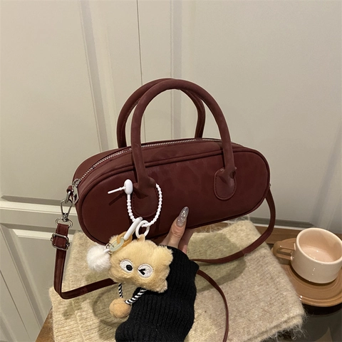 Women Vintage Leopard Print Baguette Bag Small Boston Handbag With Plush Charm Adjustable Shoulder Strap Commuter Purse