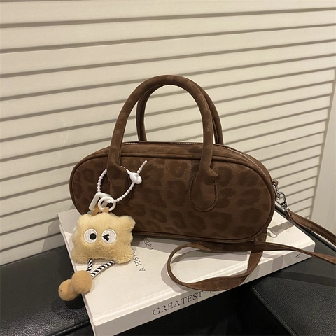 Women Vintage Leopard Print Baguette Bag Small Boston Handbag With Plush Charm Adjustable Shoulder Strap Commuter Purse