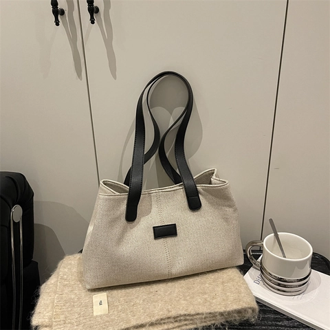 Mode Große Kapazität Damen Leinwand Tote Bag Lässig Schulter Handtasche Mit PU Leder Akzenten Einfach Urban Pendeln Messenger Bag