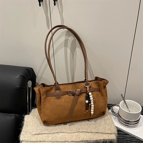 Women Retro Suede Shoulder Bag Vintage Minimalist Faux Leather Tote With Buckle Strap And Wooden Bead Charms Commuter