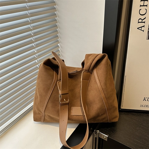 Damen Retro Mattiertes Leder Wildleder Tragetasche Große Kapazität Minimalistische Pendler Schultertasche Mit Verstellbarem Gurt