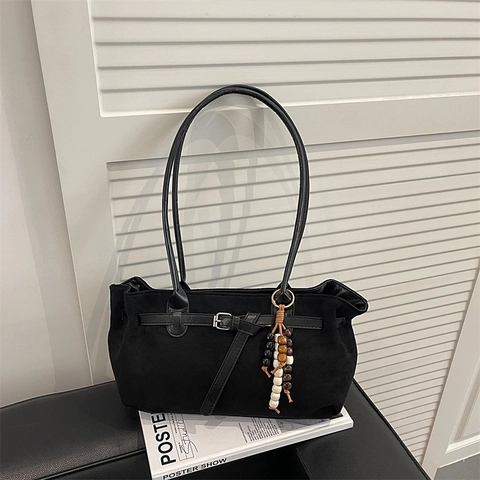 Women Retro Suede Shoulder Bag Vintage Minimalist Faux Leather Tote With Buckle Strap And Wooden Bead Charms Commuter