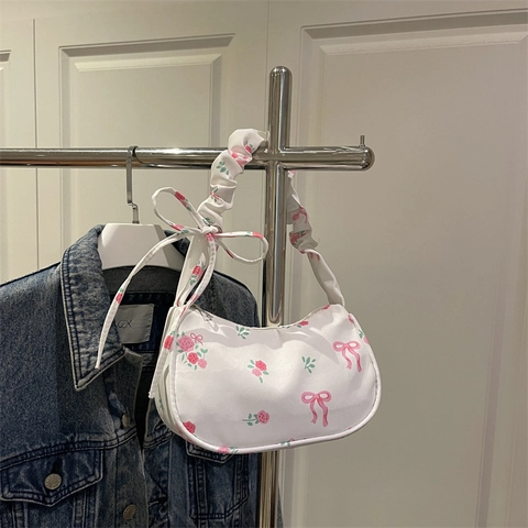 Women Floral Print Bow Underarm Bag With Ruffled Handle Sweet Rose Pattern Small Shoulder Bag For Daily Party Outing