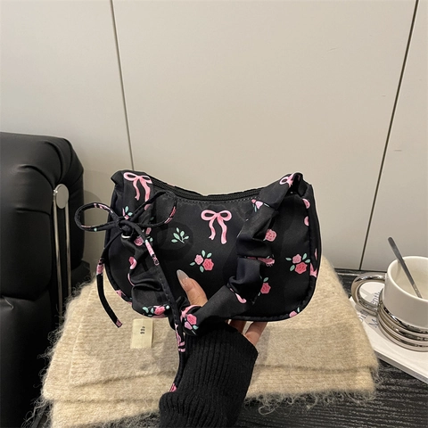 Women Floral Print Bow Underarm Bag With Ruffled Handle Sweet Rose Pattern Small Shoulder Bag For Daily Party Outing
