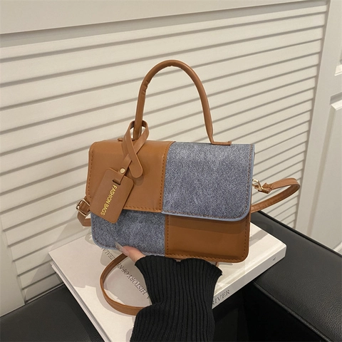 Women Contrast Color Patchwork Small Square Bag Minimalist PU Leather Fabric Shoulder Crossbody Bag Trendy Retro Handbag