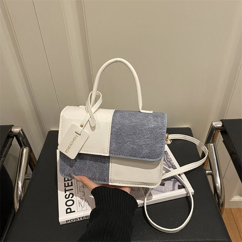 Women Contrast Color Patchwork Small Square Bag Minimalist PU Leather Fabric Shoulder Crossbody Bag Trendy Retro Handbag