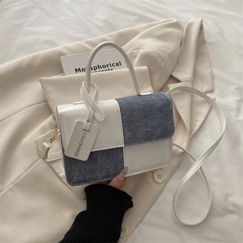 Bolso de Hombro de Patchwork Bloque de Color de Cuero PU Denim para Mujer Bolso Vintage con Asa Superior Bandoulière Minimalista Bolso Cuadrado Pequeño