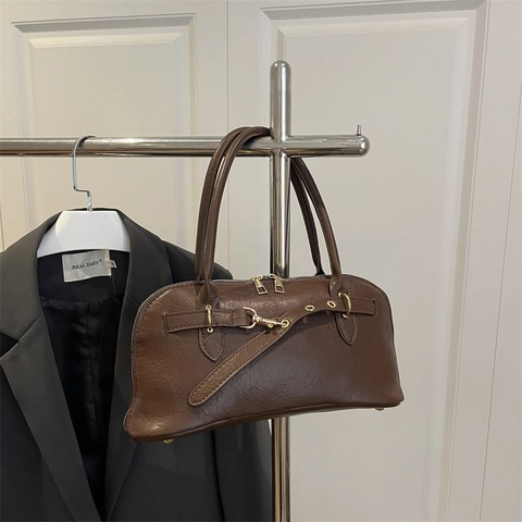 Bolso de Hombro de Cuero PU Vintage para Mujer Bolso de Mano Retro Color Sólido Con Hebilla de Metal Bolso Boston