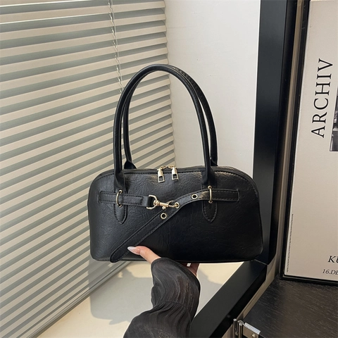 Bolso de Hombro de Cuero PU Vintage para Mujer Bolso de Mano Retro Color Sólido Con Hebilla de Metal Bolso Boston