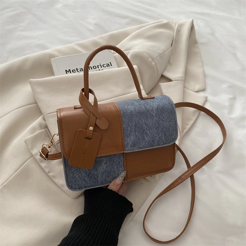 Bolso de Hombro de Patchwork Bloque de Color de Cuero PU Denim para Mujer Bolso Vintage con Asa Superior Bandoulière Minimalista Bolso Cuadrado Pequeño