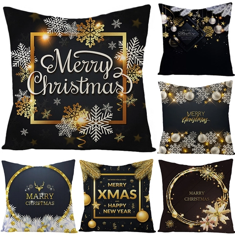 Christmas Decorative Pillowcase Black Gold Polyester Linen Cushion Cover Snowflake Reindeer Pattern Holiday Home Decor For Sofa Couch Living Room