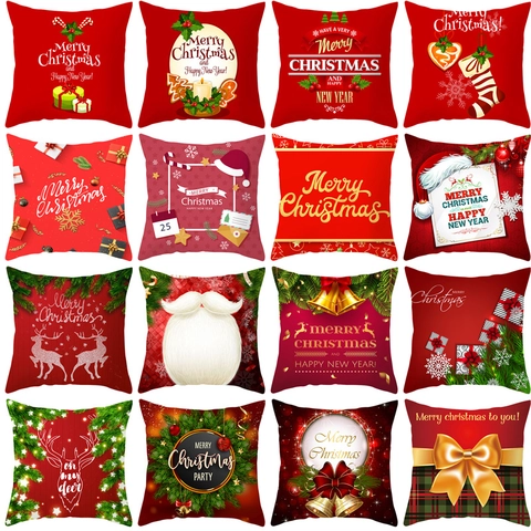 Christmas Throw Pillow Case Red Peach Skin Velvet Printed Festive Holiday Decor Reindeer Santa Motif Sofa Cushion Cover