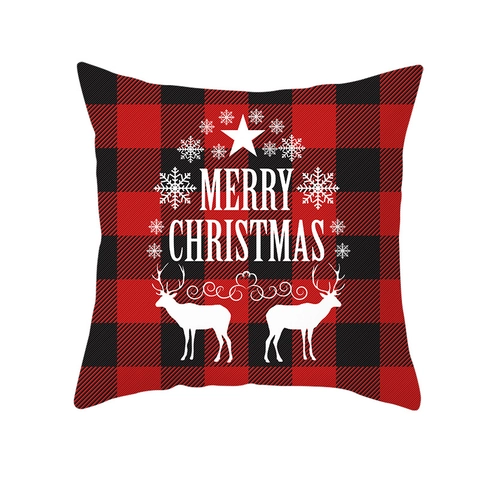 Christmas Red Black Plaid Pillowcase Peach Skin Polyester Reindeer Snowflake Holiday Decorative Square Cushion Cover For Home Living Room