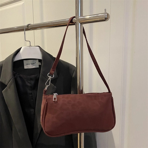 Bolso De Axila Baguette Para Mujer Ante Mate Estampado De Leopardo Vintage Bolso De Hombro Elegante Con Cremallera Plateada