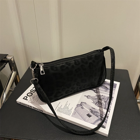 Bolso De Axila Baguette Para Mujer Ante Mate Estampado De Leopardo Vintage Bolso De Hombro Elegante Con Cremallera Plateada