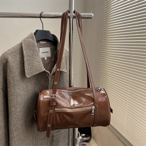 Women Urban Minimalist Cylinder Shoulder Bag Large Capacity Vintage PU Leather Underarm Pillow Bag For Daily 通勤 Outfits